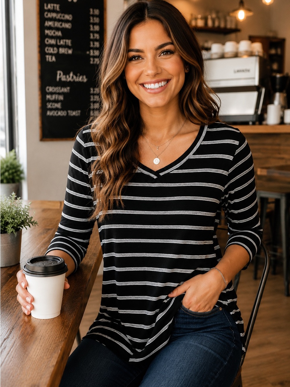 NWT Moa Moa Black & White Striped 3/4 Sleeve V-Neck M Tunic Top A25